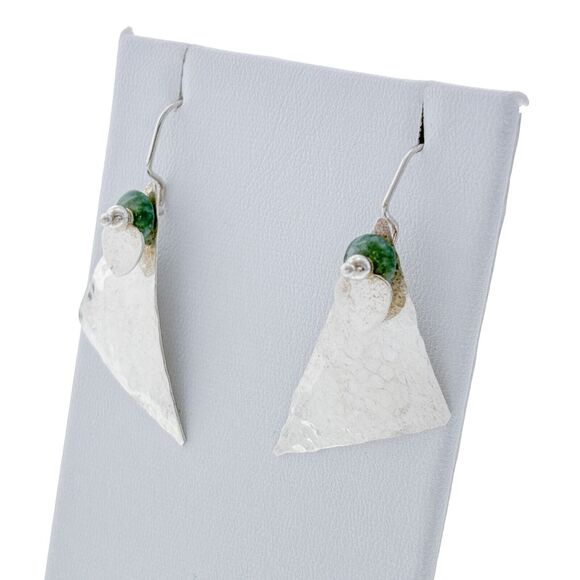 Sterling Silver Abstract Hammered Triangle Heart Green Nephrite Dangle Earrings - Picture 2 of 6